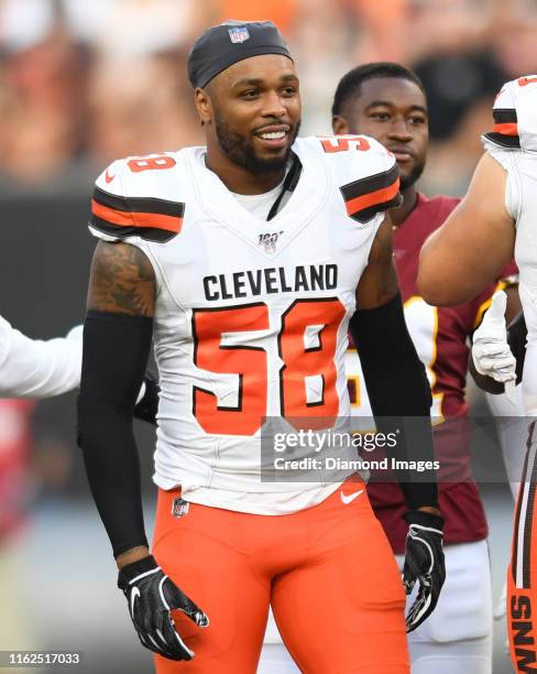 Outside linebacker Christian Kirksey of the Cleveland Browns on the field prior to a preseason game against the Washington Redskins on August 8, 2019...