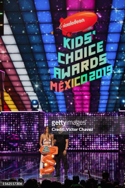 Paula Galindo "Pautips" and Reycon speak on stage during the Kids Choice Awards Mexico 2019 at Auditorio Nacional on August 17, 2019 in Mexico City,...