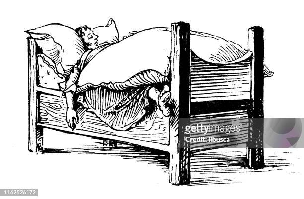 antike illustration aus bergsteigerbuch: schlafen im bett - bergsteigen team stock-grafiken, -clipart, -cartoons und -symbole