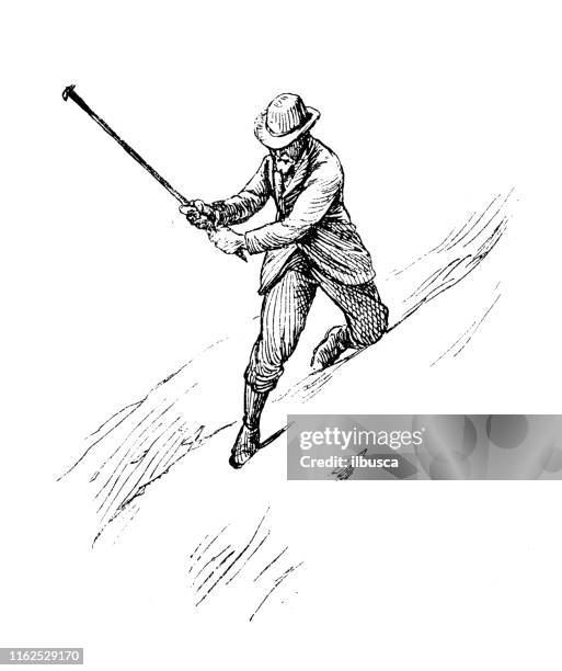antique illustration from mountaineering book: step-cutting - pickaxe stock illustrations