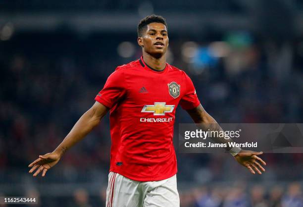 Marcus Rashford of Manchester United celebrates his goal during the match between Manchester United and Leeds United at Optus Stadium on July 17,...