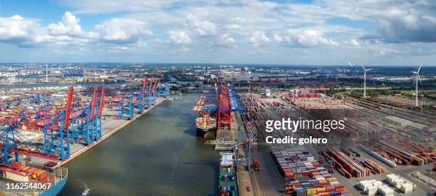 wide panoramic view over cargo crane container terminal in hamburg - port of hamburg stock pictures, royalty-free photos & images