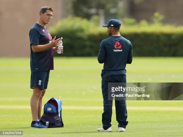 Jon Lewis England U19 Head Coach and Hamidullah Qadri during the England Under 19's Nets training session at National Cricket Performance Centre on...