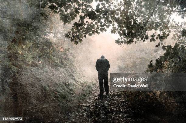 a hooded figure walking away from the camera on a misty woodland path with shoulders hunched and looking down. with a grunge, vintage edit - suicide stock pictures, royalty-free photos & images
