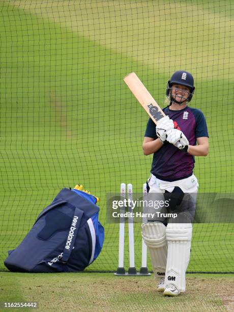 Sarah Taylor of England Women smiles during England Women Nets Session at The Cooper Associates County Ground on July 17, 2019 in Taunton, England.