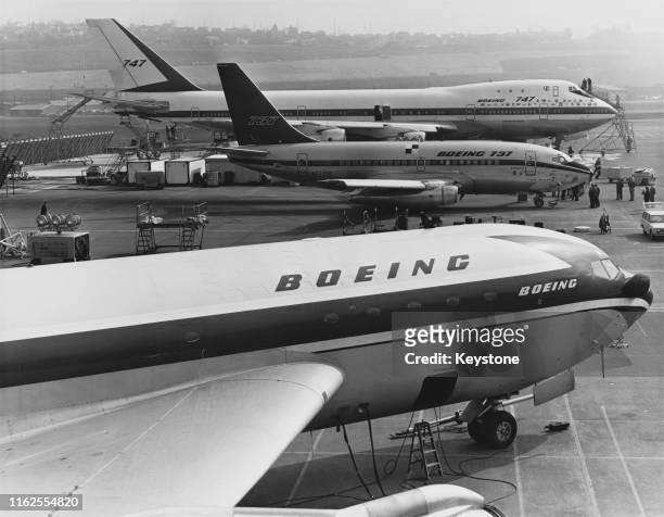 The Boeing 367-80 registration N70700, prototype for the Model 707 four engined passenger commercial jet airliner is parked beside the original Model...