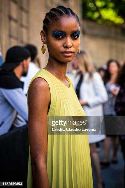 Model Blesnya Minher, beauty details, is seen outside VALENTINO show during Paris Fashion Week - Haute Couture Fall/Winter 2019/2020 on July 03, 2019...