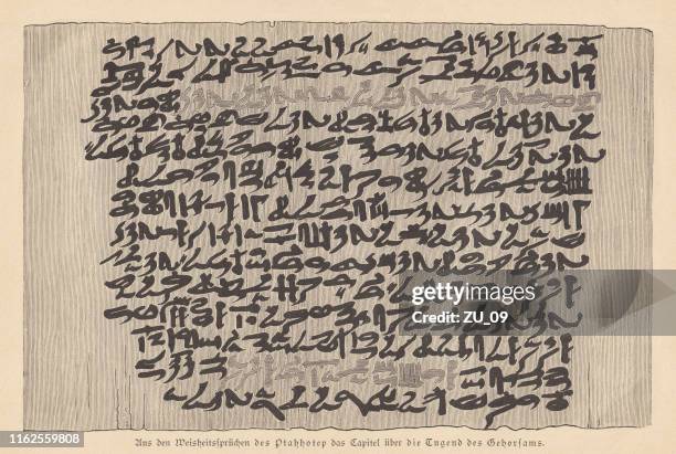 stockillustraties, clipart, cartoons en iconen met egyptische papyrus door ptahhotep, 25e-24e eeuw voor christus, facsimile, gepubliceerd 1879 - papyrusriet