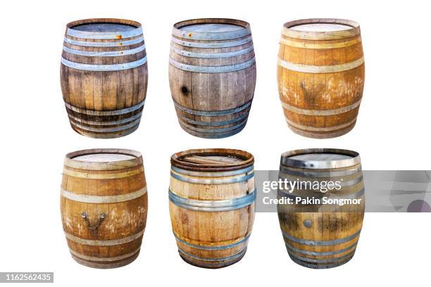 groups old wooden barrel for champagne, wine, whiskey, rum, beer, with steel ring on white background. - barrels ストックフォトと画像