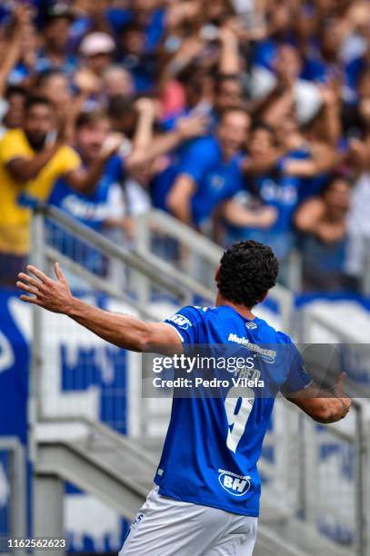 Fred of Cruzeiro celebrates a scored goal against Santos during a match between Cruzeiro and Santos as part of Brasileirao Series A 2019 at Mineirao...