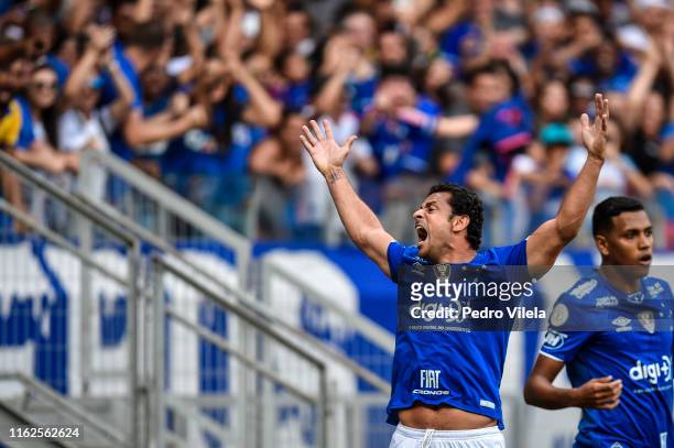Fred of Cruzeiro celebrates a scored goal against Santos during a match between Cruzeiro and Santos as part of Brasileirao Series A 2019 at Mineirao...