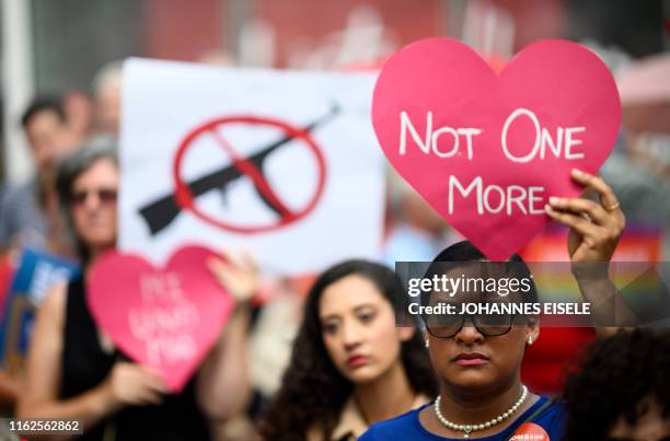 Protestors take part in a rally of Moms against gun violence and calling for Federal Background Checks on August 18, 2019 in New York City.