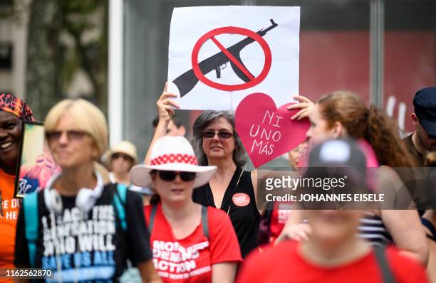 Protestors take part in a rally of Moms against gun violence and calling for Federal Background Checks on August 18, 2019 in New York City.