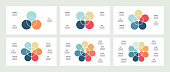 Business infographics. Charts with 3, 4, 5, 6, 7, 8 sections, petals. Vector templates.