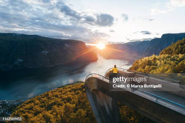 tourist admiring the sunset over norwegian fjord, norway - observation point foto e immagini stock