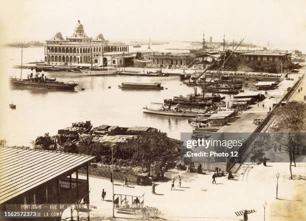 Suez Canal . Port Said, view of the quay and the Suez Company offices 1870-1880 Print .