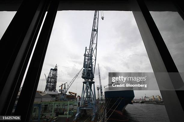 The Nippon Yusen K.K.'s car transporter ship, Auriga Leader, is docked at the Mitsubishi Heavy Industries Ltd. Honmoku plant in Yokohama city,...