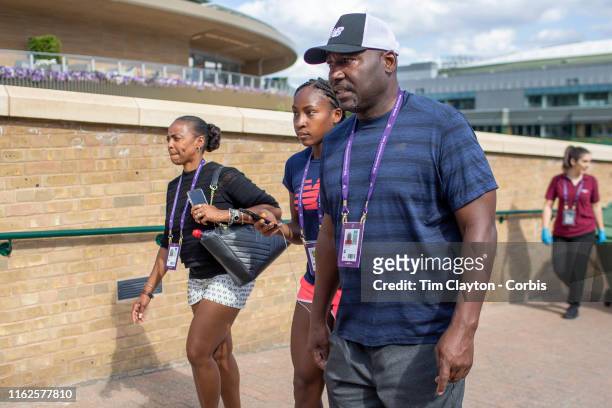 June 30: Cori Gauff of the United States with her parents Candi Gauff and Corey Gauff after training before the start of the Wimbledon Lawn Tennis...