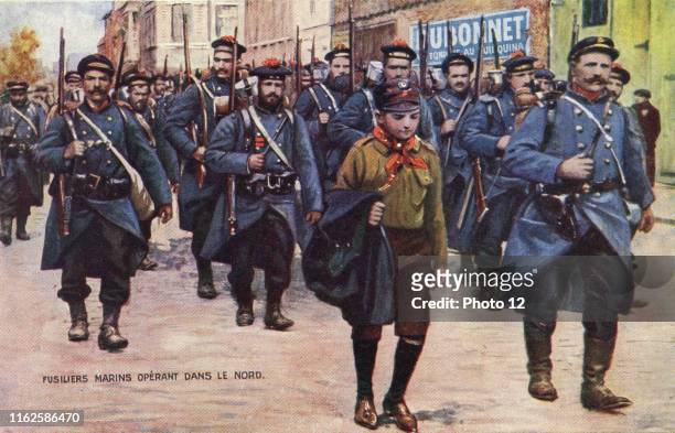Advertising postcard representing French Fusiliers Marins leaving for the Western Front . 1914.