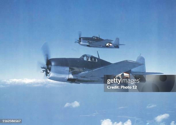 American single-engine Grumman F6F "Hellcat" fighters light fighters, flying over the Pacific. Engaged for the first time in operations in the...