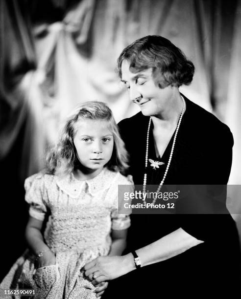 Princess Marie Bonaparte wife of Prince George of Greece, with her grand daughter Princess Tatiana Radziwill 1955 Taponier Photo.