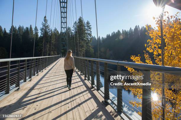 vrouw kruist een brug over een meer in de herfst - voetgangersbrug stockfoto's en -beelden