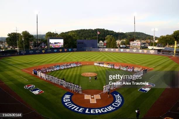General view of Historic Bowman Field during the pre-game ceremony prior to the 2019 Little League Classic between the Chicago Cubs and the...