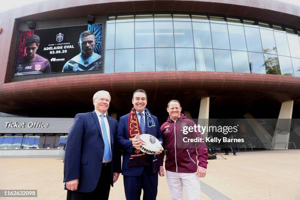 Australian Rugby League Chairman Peter Beattie and South Australian Premier, the Hon Steven Marshall MP with Queensland State of origin coach Kevin...