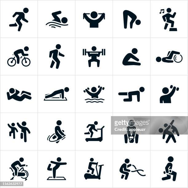 ilustraciones, imágenes clip art, dibujos animados e iconos de stock de iconos de actividades de fitness - deporte