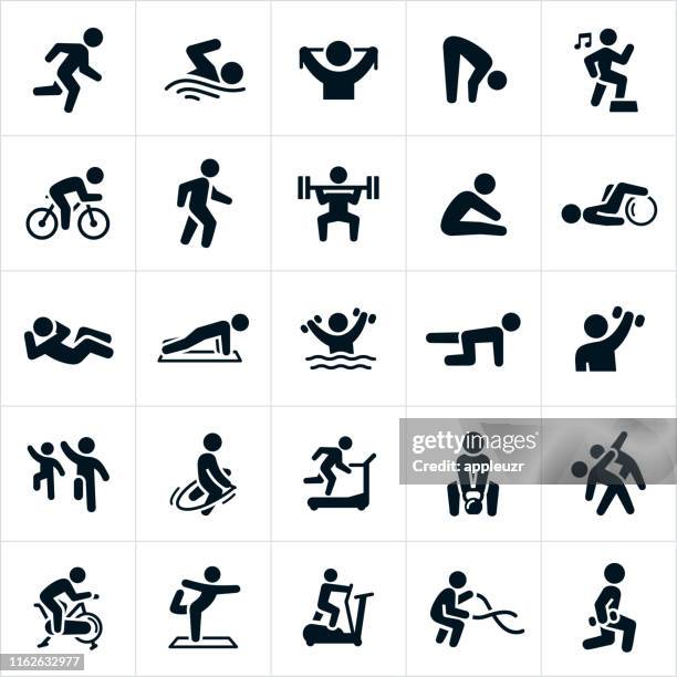 ilustraciones, imágenes clip art, dibujos animados e iconos de stock de iconos de actividades de fitness - exercising