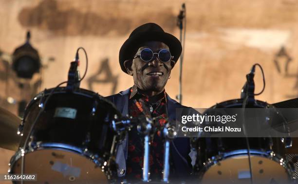 Nigerian drummer Tony Allen of The Good, The Bad & The Queen performs on stage as part of the Summer Series at Somerset House on July 17, 2019 in...