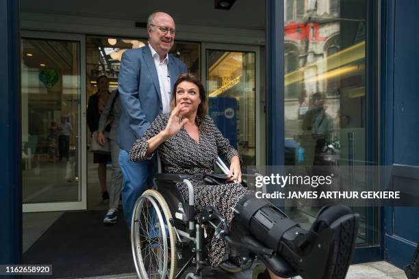 Open Vld's Goedele Liekens, in a wheelchair following surgery after a fall, pictured after the party bureau of Flemish party Open Vld, at the party's...