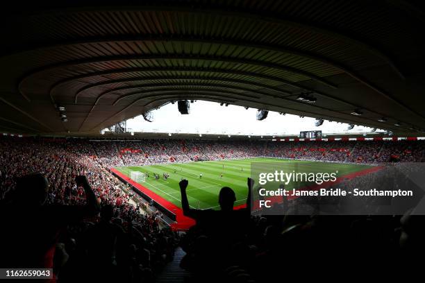 General View of a near miss for Southampton FC during the Premier League match between Southampton FC and Liverpool FC at St Mary's Stadium on August...