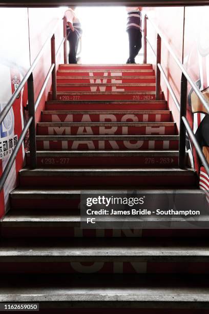 We March On Branding on a stair case leading to the pitch during the Premier League match between Southampton FC and Liverpool FC at St Mary's...