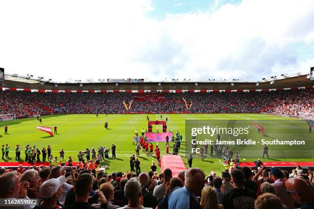 General View ahead of kick off for the Premier League match between Southampton FC and Liverpool FC at St Mary's Stadium on August 17, 2019 in...