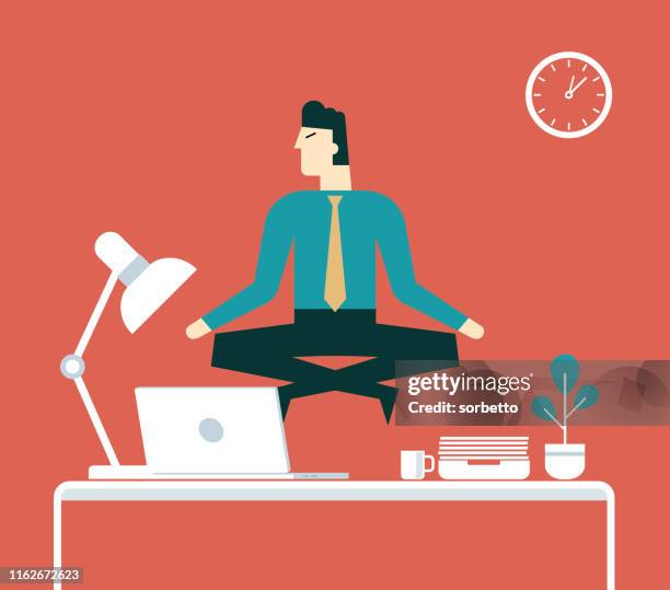 businessman doing yoga to calm down the stressful emotion - sitting cross legged stock illustrations