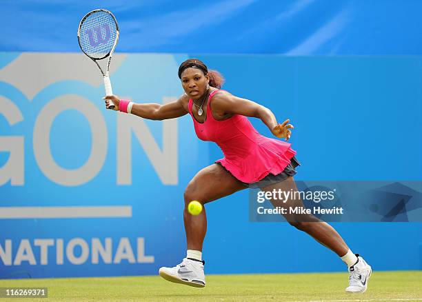 Serena Williams of USA in action against Vera Zvonareva of Russia during day five of the AEGON International at Devonshire Park on June 15, 2011 in...