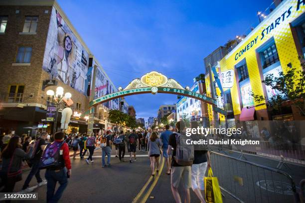 General view of the atmosphere on Fifth Avenue outside Comic-Con International Preview Night on July 17, 2019 in San Diego, California.