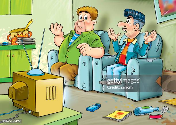 men's sitting in messy living room - messy living room stock illustrations