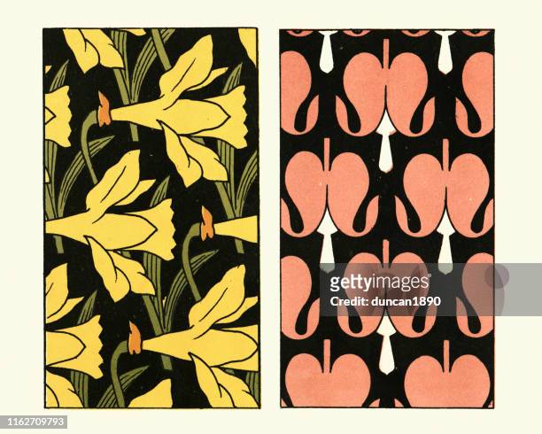 victorian floral design pattern, daffodil and pink flower, 19th century - victorian pattern stock illustrations