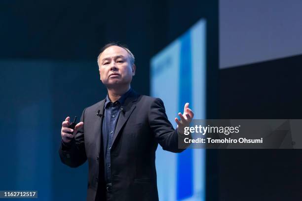 SoftBank Group Corp. Chairman and Chief Executive Officer Masayoshi Son makes a speech during the SoftBank World 2019 conference on July 18, 2019 in...