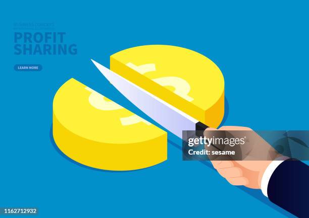 business profit sharing, hand holding a knife to cut gold coins - slice cake stock illustrations