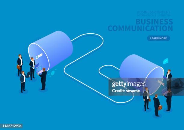 ilustraciones, imágenes clip art, dibujos animados e iconos de stock de el concepto de comunicación empresarial, dos grupos de empresarios hablan con lata - tin can phone