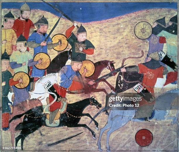 Rashid Al-Din Guerriers mongols Miniature du Jami al-tawarikh . 14e siecle Paris, Bilbiotheque Nationale.