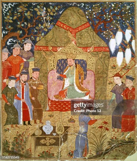 Rashid Al-Din Gengis Khan se proclame empereur Miniature du Jami al-tawarikh 14e siecle Paris, Bibliotheque Nationale.