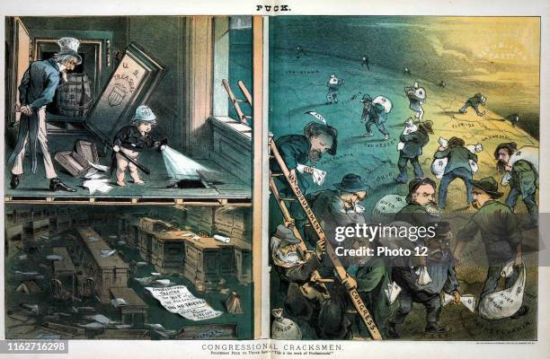 Print shows 'Policeman Puck' and Uncle Sam investigating a robbery at the U.S. Treasury, a safe has been broken into and a barrel labelled '150 000 $...