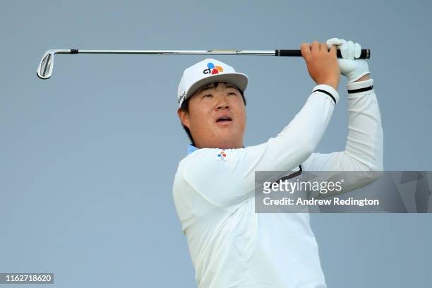 Im Sung-jae of South Korea tees off the 3rd during the first round of the 148th Open Championship held on the Dunluce Links at Royal Portrush Golf...