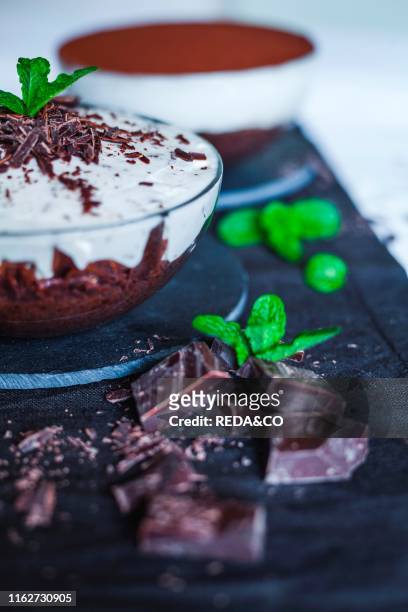 Homemade chocolate cheesecake with cocoa and mint.