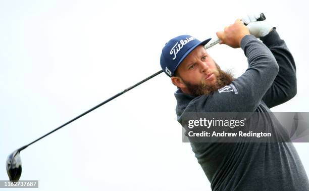 Andrew Johnston of England tees off the 6th during the first round of the 148th Open Championship held on the Dunluce Links at Royal Portrush Golf...