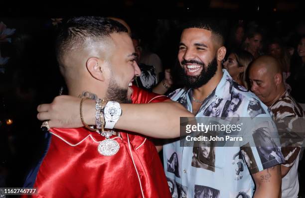 Drake and French Montana during the Hublot Collectors Dinner to celecrate French Montana Haute Living Cover on August 18, 2019 in Miami, Florida.